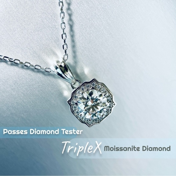 Belle Halo Moissanite Necklace Earrings Set In 18K Gold Plated Silver - Picture 3 of 5